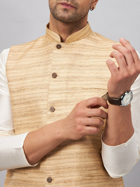 Vastramay Men's Beige Matka Silk Nehru Jacket With Cream Silk Blend Kurta Pyjama Set